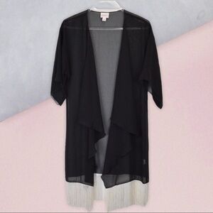 LuLaRoe Monroe Sheer Black Waterfall Fringe Hem Duster, Size Small